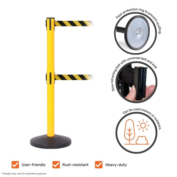 Yellow retractable barrier with black and yellow striped belts showing product features including floor protection, universal belt end lock, and indoor-outdoor use.