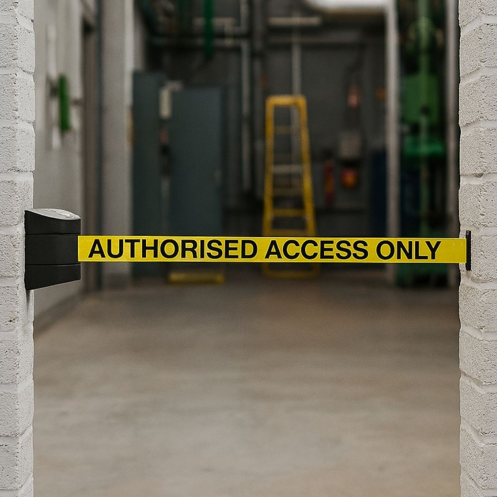 Yellow wall-mounted retractable barrier with "Authorised Access Only" text across an industrial doorway.