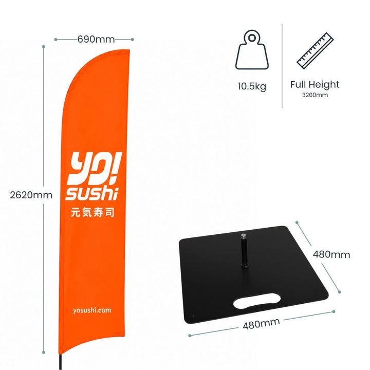 YO! Sushi feather flag banner with full-height dimensions, weighted square base and branded promotional display specifications.