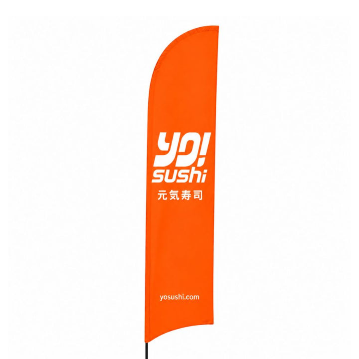 Orange YO! Sushi feather flag banner with white branding and Japanese text on a freestanding promotional display pole.