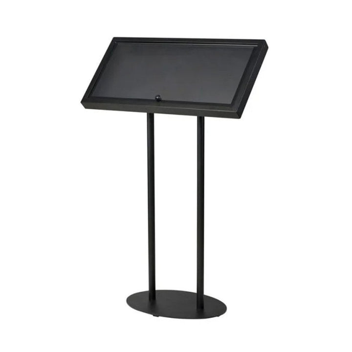 Black hammered aluminium 3 x A4 floor-standing menu board with twin steel posts and oval weighted base, shown empty on a white background.
