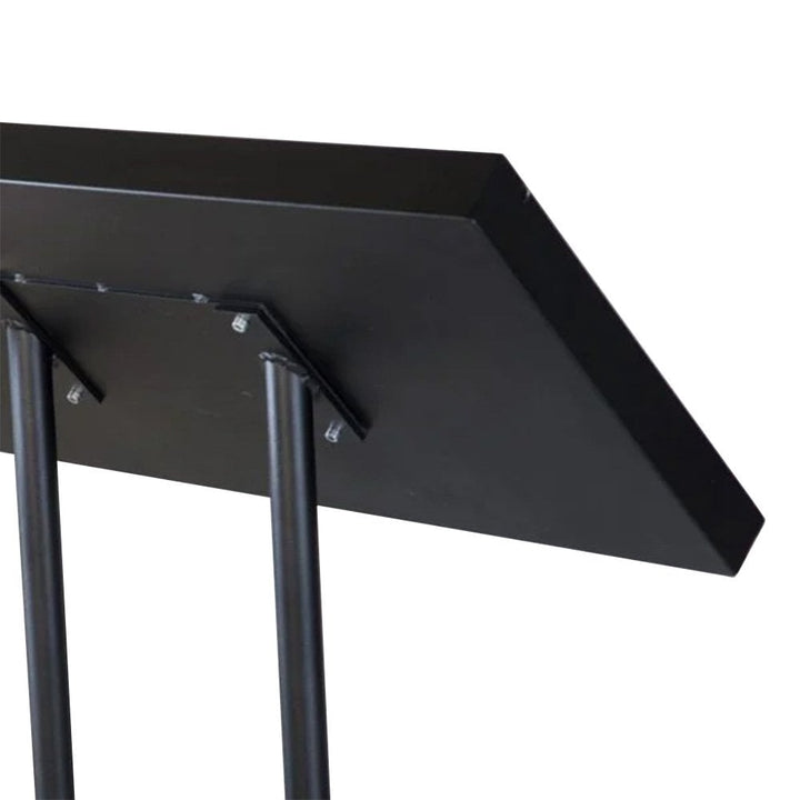 Close-up of the underside of the 3 x A4 menu board panel showing the twin post bracket connections and hinge mechanism at the base of the frame.
