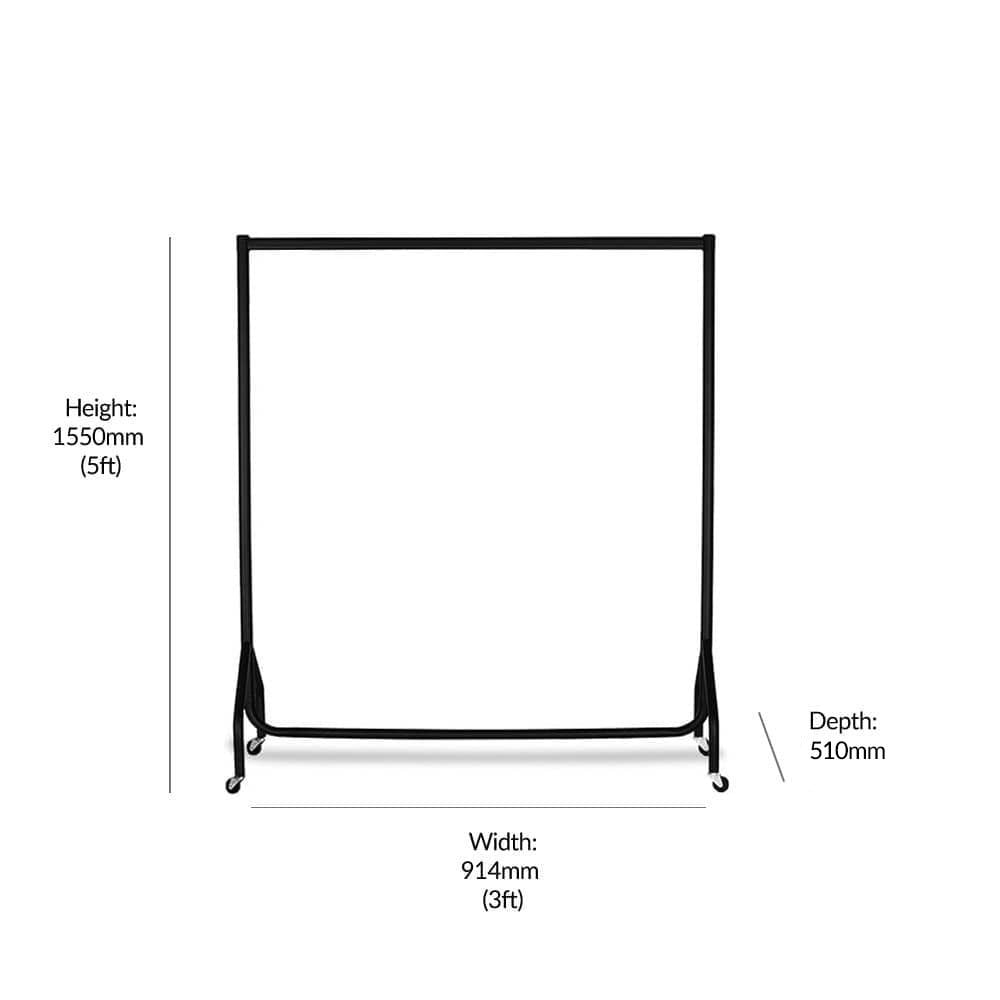 Professional-grade heavy-duty clothes rail in black steel, measuring 3ft wide by 5ft tall, with a high 160kg load capacity.