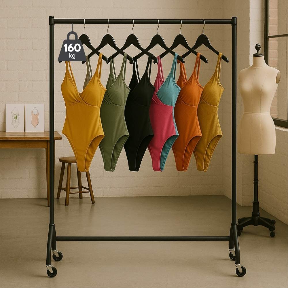 Heavy-duty black steel clothes rail, commercial grade, 3ft wide x 5ft tall, with a robust 160kg load capacity.