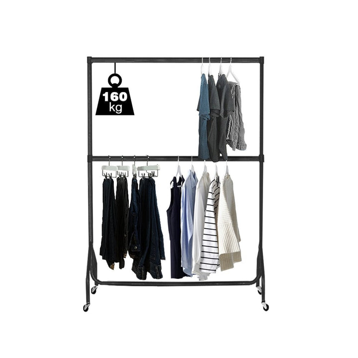 Heavy-duty double rail – black 3ft wide clothes display unit with twin tiers and 7ft height for vertical storage