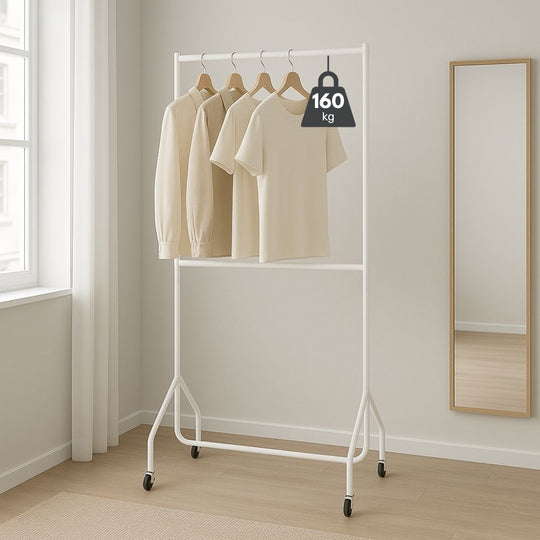 3ft Wide x 7ft Tall Two-Tier White Commercial Grade Heavy Duty Steel Clothes Rail With 160kg Load Capacity