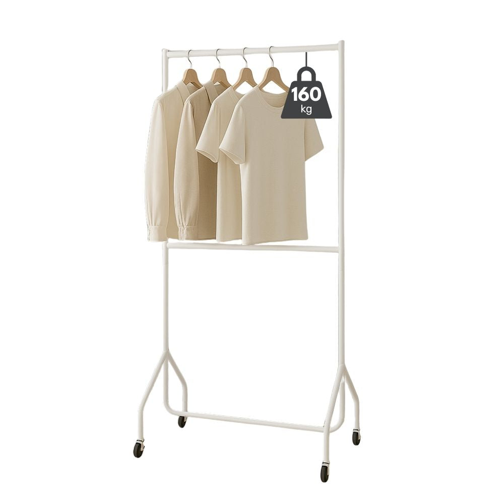 Strong and spacious white steel clothes rail, measuring 3ft wide by 7ft tall, featuring a two-tier design and a 160kg load capacity.