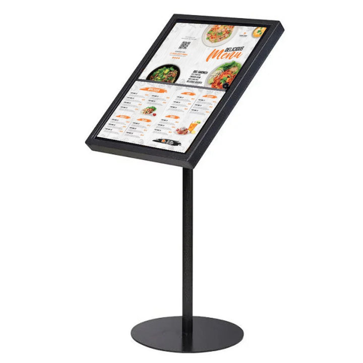 Black 4 x A4 hammered aluminium menu board in portrait orientation on a white background, showing the 21kg circular steel base and angled frame.
