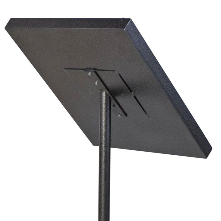 Close-up of the rear bracket and angled pole connection on the black 4 x A4 menu board, showing the mounting plate bolt fixings and pole attachment mechanism.
