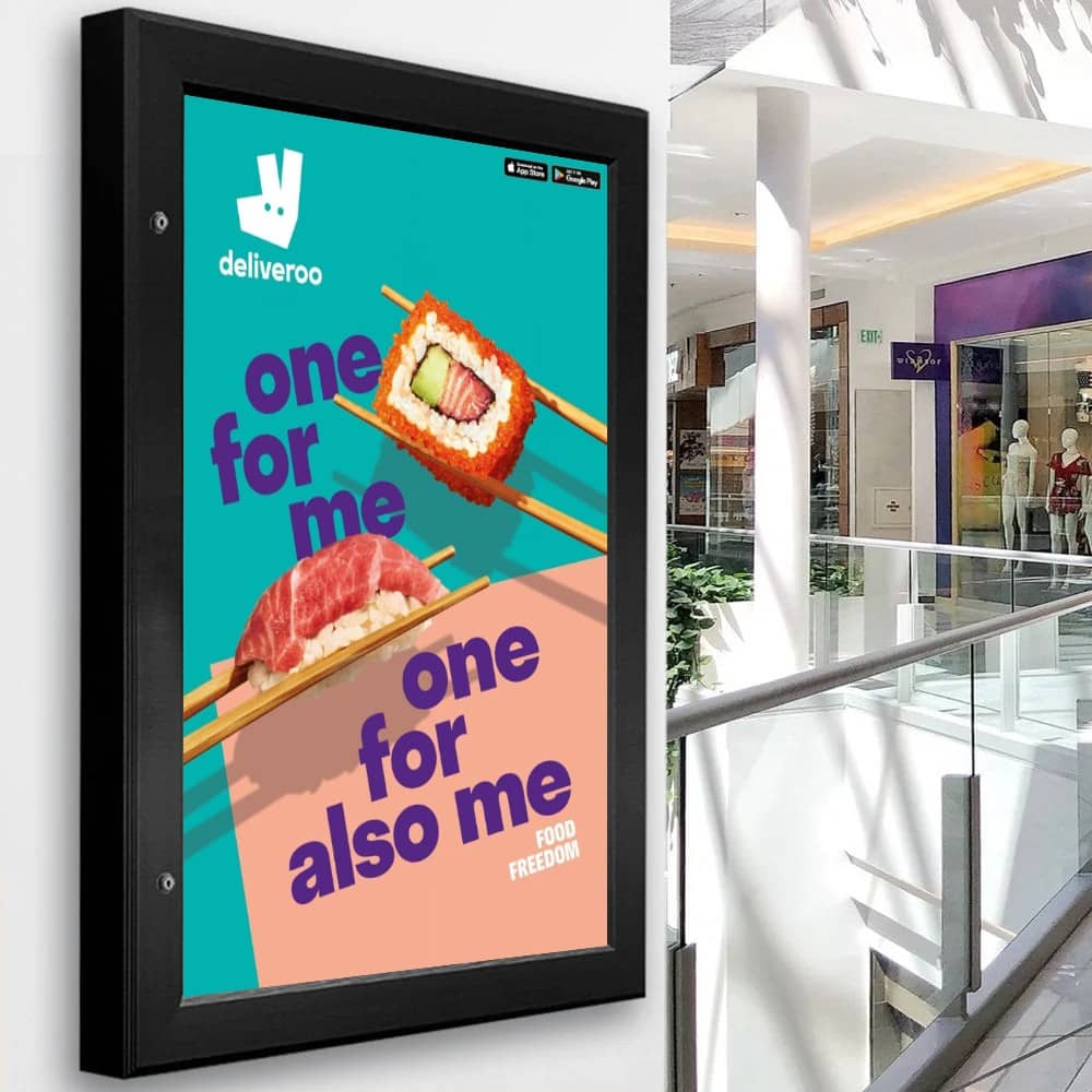 Large 40" x 60" black anodised aluminium lockable poster case with a 45mm frame profile, supplied with wall fixings.
