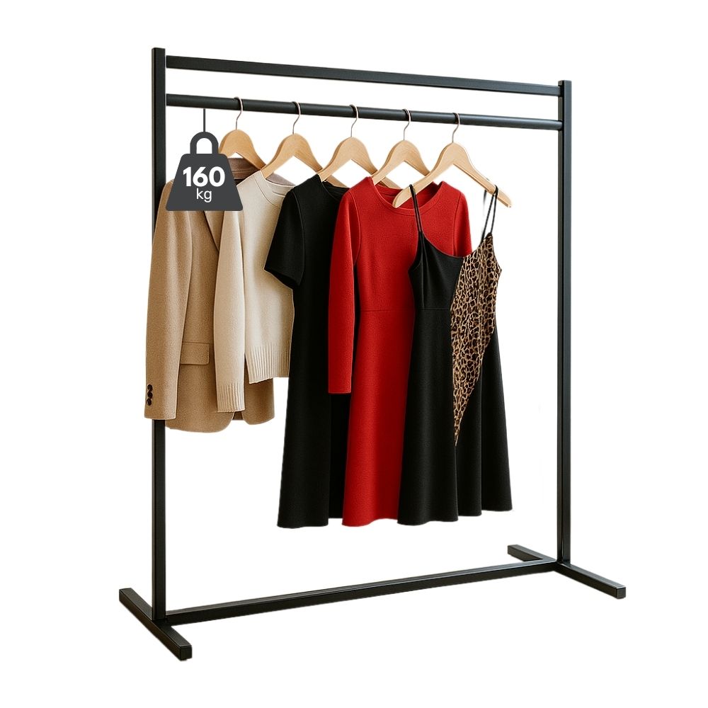 Sturdy black 4ft free-standing clothes rail with a robust display rack design and a 160kg weight capacity.