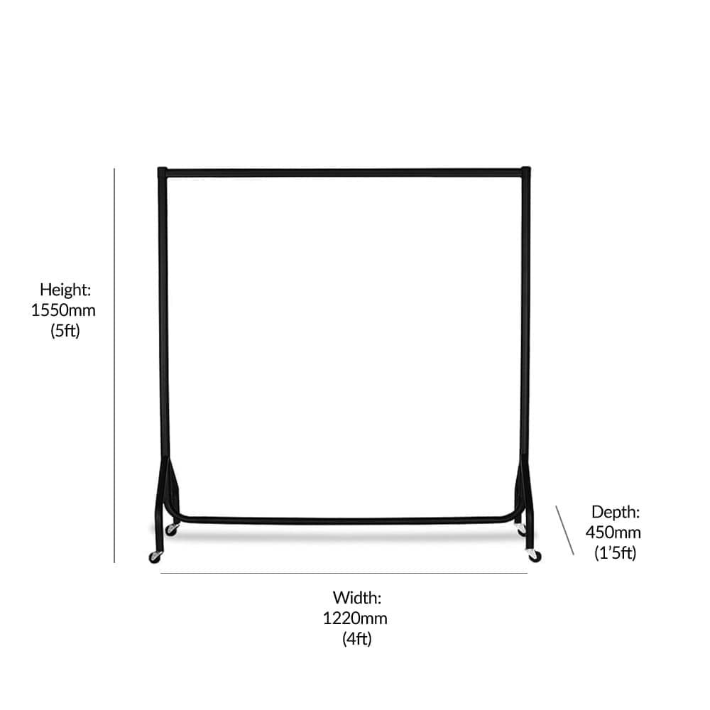 High-strength black steel clothes rail, ideal for retail or home use, commercial-grade build with 160kg load capacity, 4ft wide and 5ft tall.