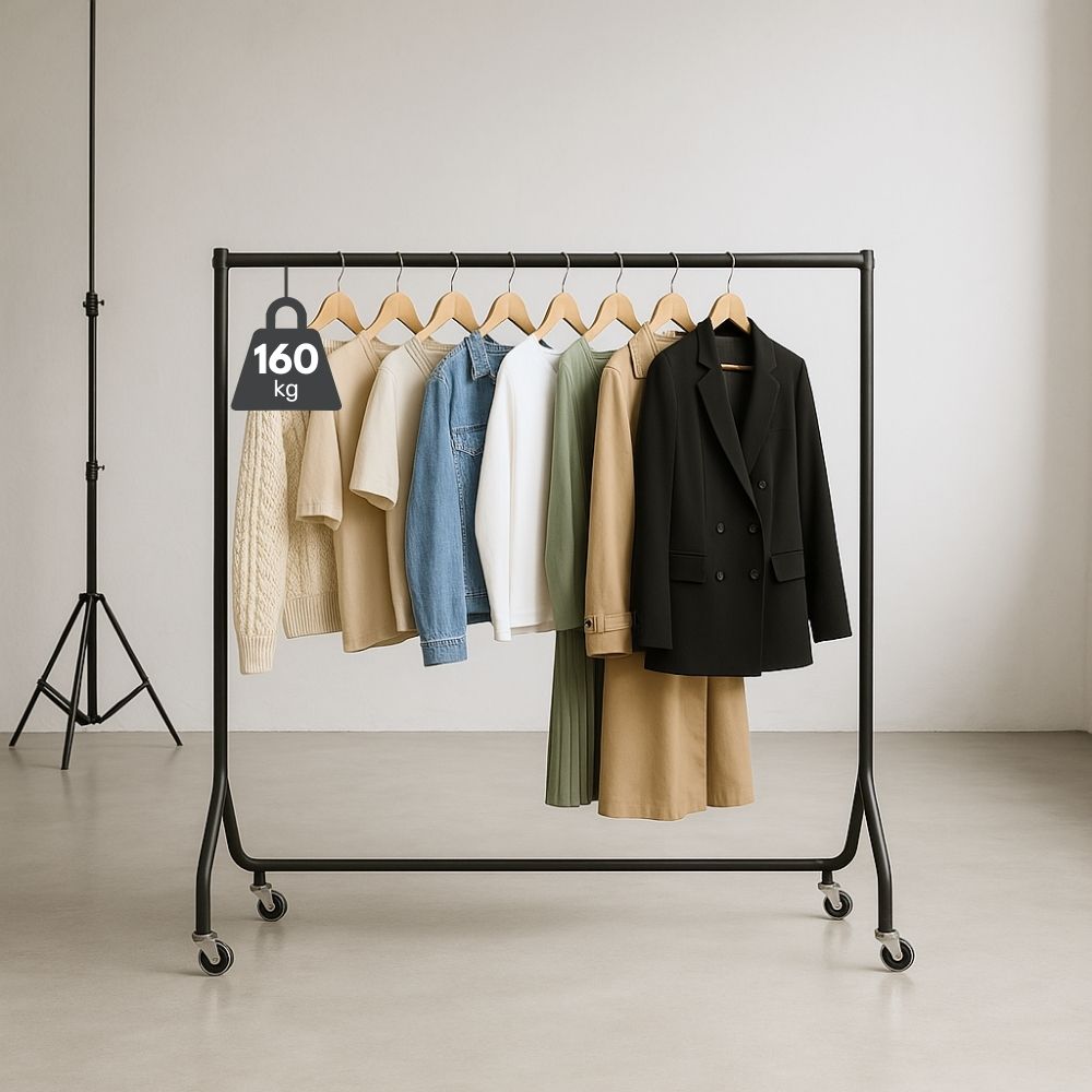 Robust 4ft wide x 5ft tall black heavy-duty steel clothes rail with a commercial-grade design and 160kg load capacity.