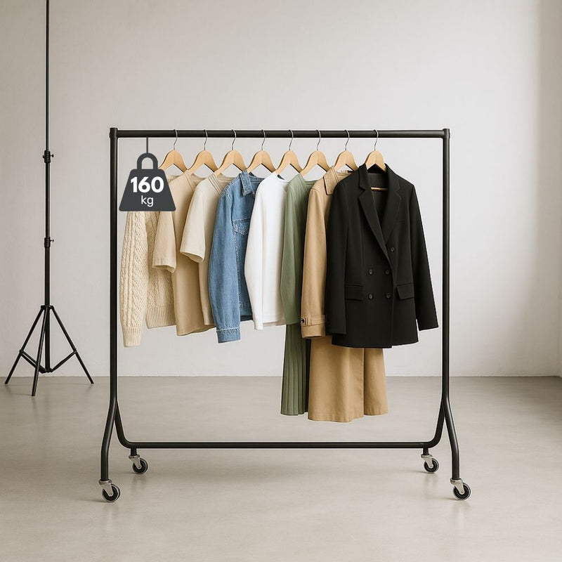 4ft wide black heavy-duty clothes rail – 5ft tall steel garment rack with 160kg load limit for retail or showroom use