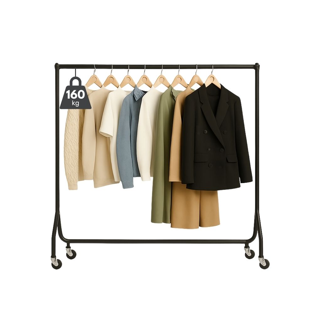 Strong and durable black steel clothes rail, commercial-grade with a 160kg load capacity, measuring 4ft wide by 5ft tall.