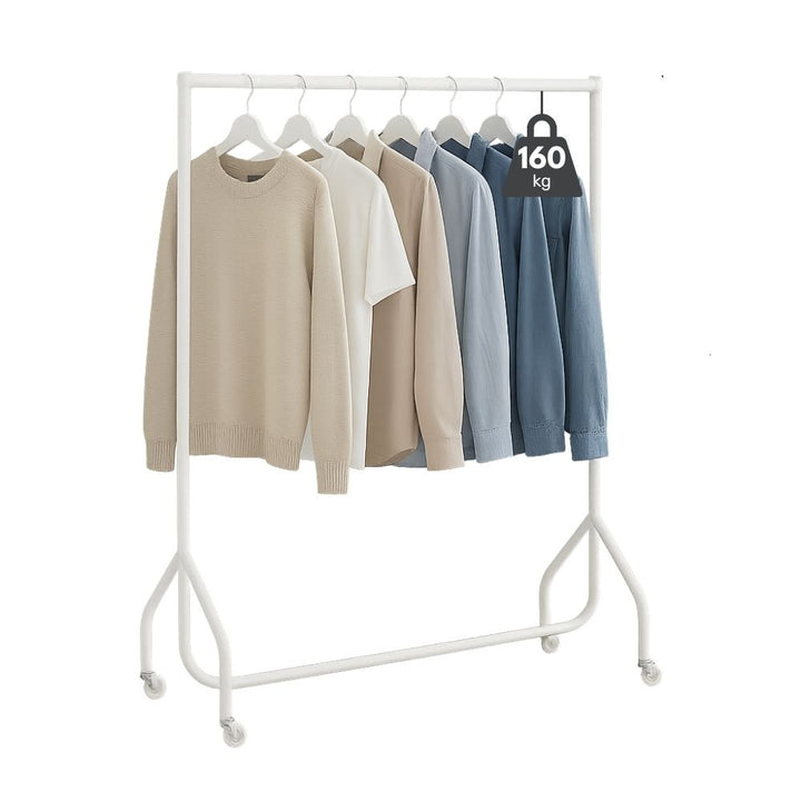 Heavy-duty white garment rail – compact 4ft wide frame with strong steel build for retail, exhibition or salon use