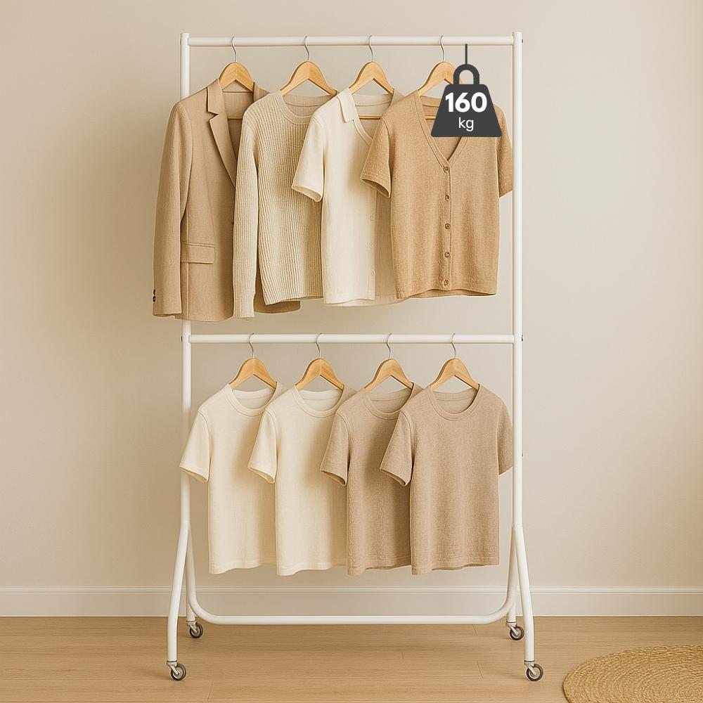 Robust two-tier heavy-duty steel clothes rail, 4ft wide x 7ft tall, in white, with a 160kg load capacity for commercial use.