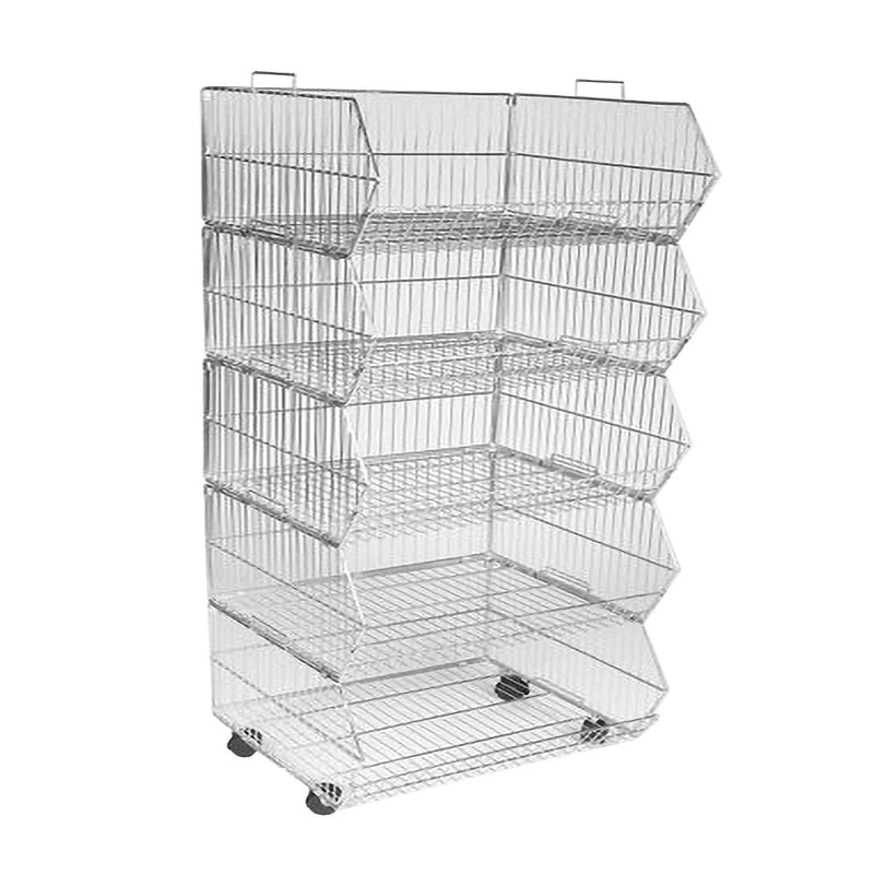 Chrome 5-Tier Collapsible Rust-Resistant Steel Stacking Basket Unit with Detachable Castors - 1000mm Wide x 1410mm High x 540mm Deep