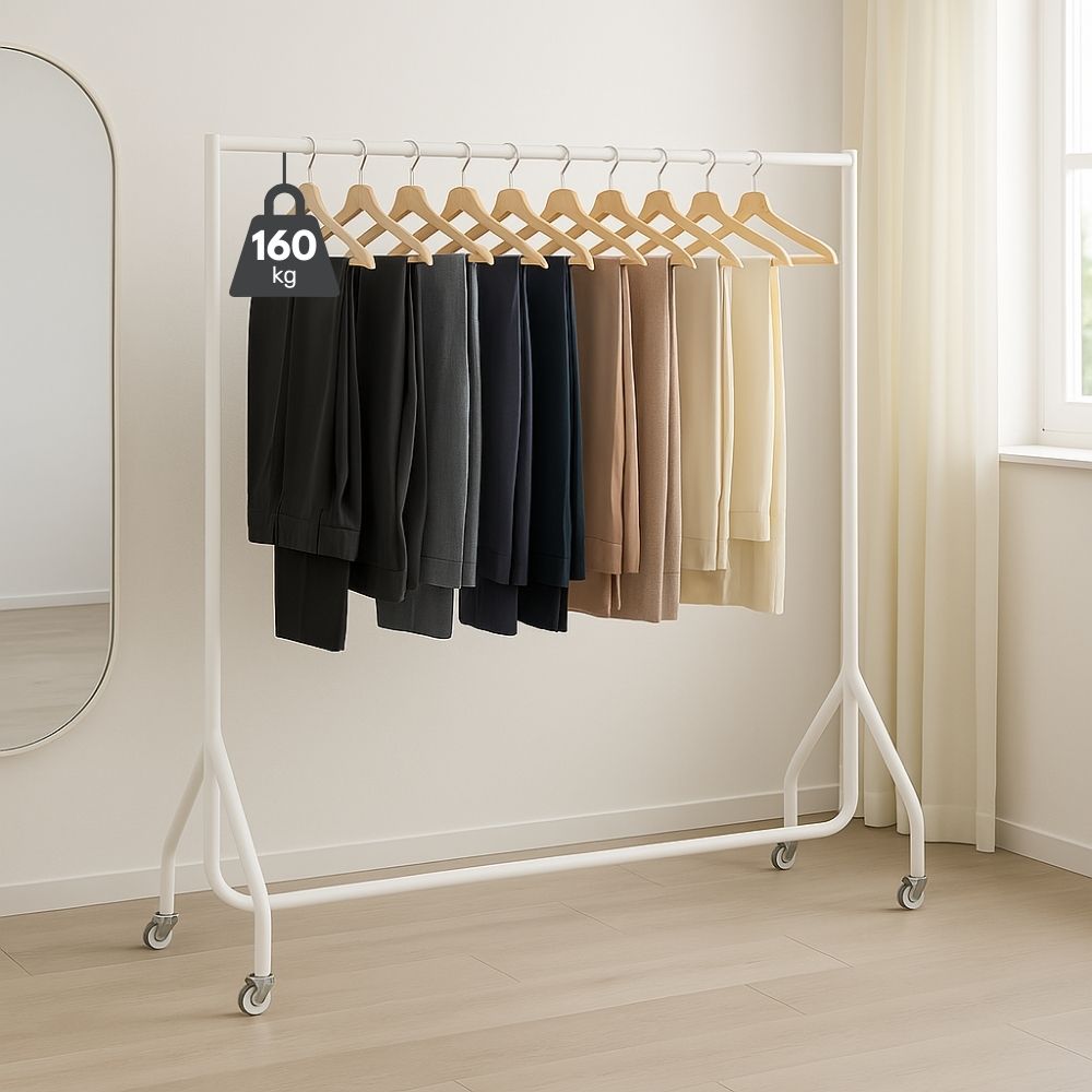 Heavy-duty white steel clothes rail, 5ft wide x 5ft tall, commercial-grade with a 160kg load capacity, ideal for retail and home storage.
