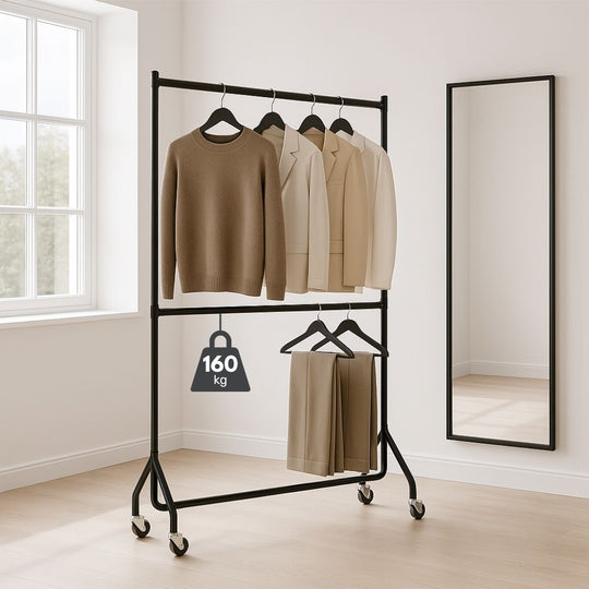 5ft Wide x 7ft Tall Two-Tier Black Commercial Grade Heavy Duty Steel Clothes Rail With 160kg Load Capacity