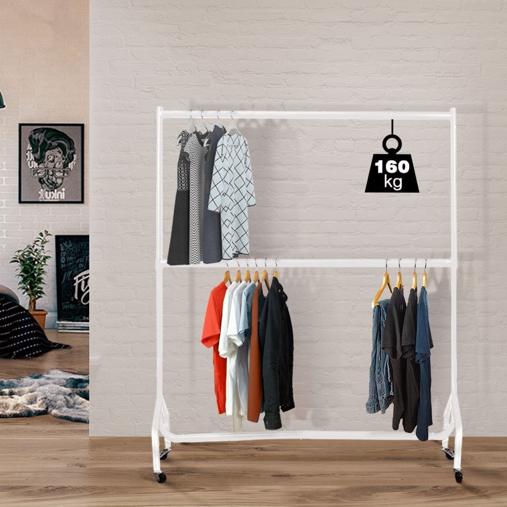 5ft Wide x 7ft Tall Two-Tier White Commercial Grade Heavy Duty Steel Clothes Rail With 160kg Load Capacity