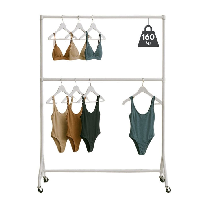Double-level white garment rail – commercial steel frame with high load limit for boutiques or backstage use