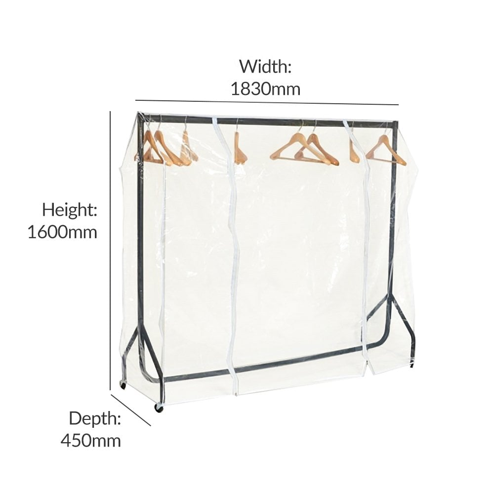 Transparent 6ft waterproof clothes rail cover with a secure zip closure, ideal for storing and protecting clothing.
