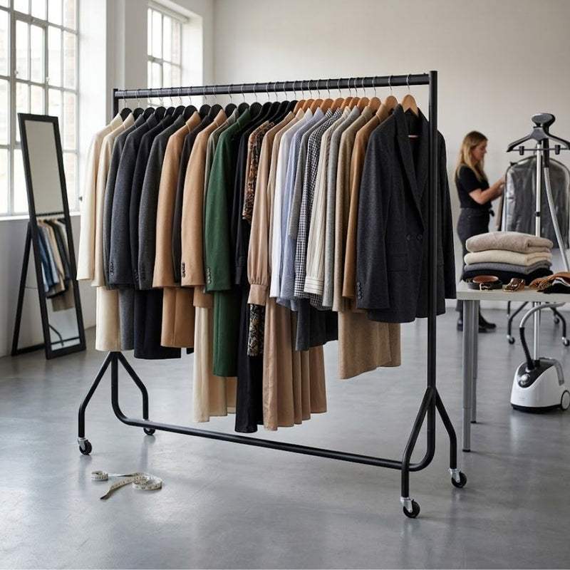 Black heavy duty steel clothes rail on castors holding coats, blazers and shirts in a fashion showroom while stock is steamed and prepared for display.