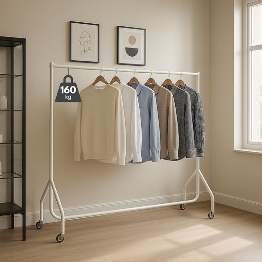 6ft Wide x 5ft Tall White Commercial Grade Heavy Duty Steel Clothes Rail With 160kg Load Capacity