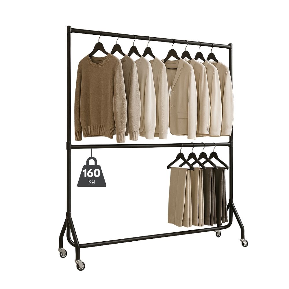 Heavy-duty black steel clothes rail, 6ft wide x 7ft tall, with two tiers for extra storage and a 160kg load capacity.