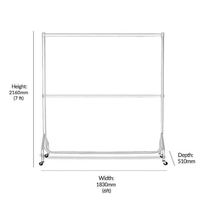 Retail-ready white clothes rack – 6ft x 7ft two-level design with strong steel structure for busy environments