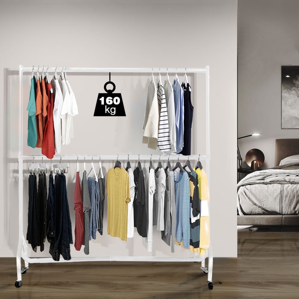 6ft Wide x 7ft Tall Two-Tier White Commercial Grade Heavy Duty Steel Clothes Rail With 160kg Load Capacity