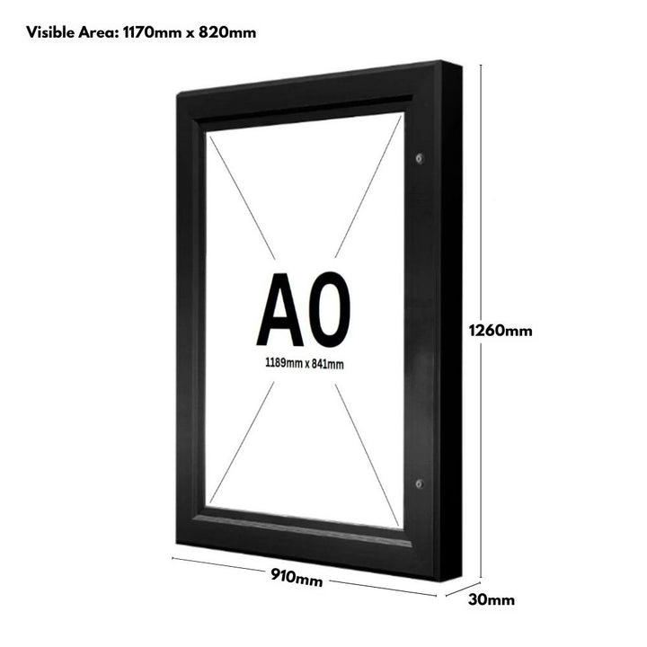 A0 black anodised aluminium lockable poster case with a sturdy 45mm frame profile, complete with wall fixings for easy installation.