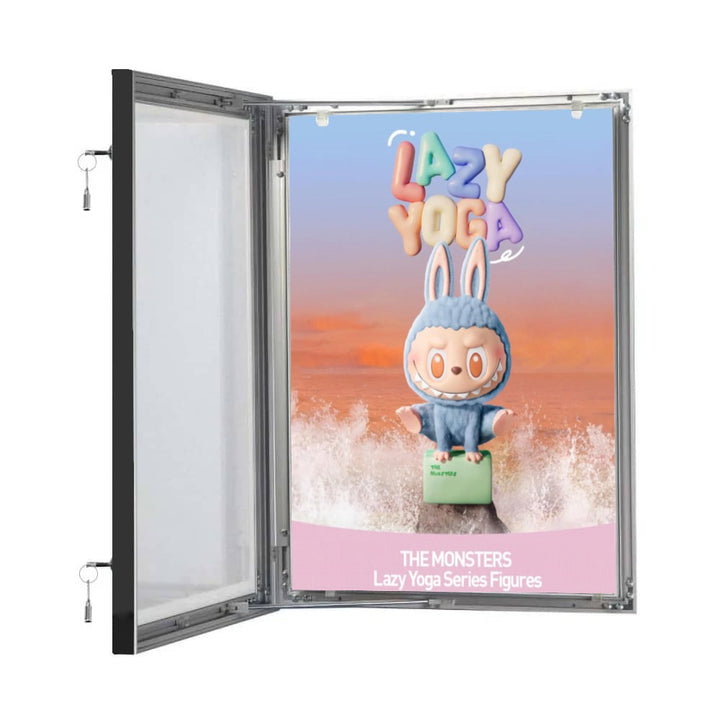 Black A0 lockable poster case with the hinged door open, showing dual locking rods, the interior fixing clips and anti-glare PET screen on a white background.
