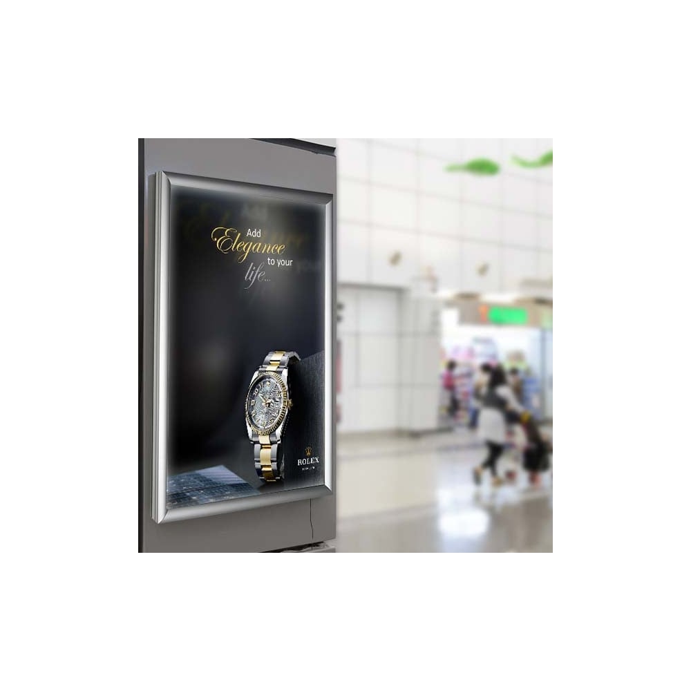 A sleek A0 silver LED light box snap frame with a 25mm mitred frame, designed for vibrant illuminated displays, complete with wall fixings for easy installation.
