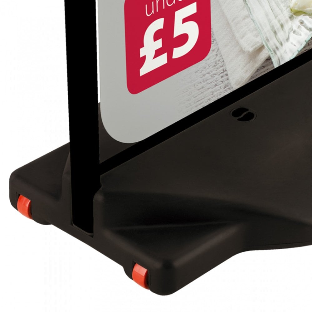 A professional-grade A1 black swing sign with a water base, offering a double-sided display for eye-catching advertising in high-traffic areas.
