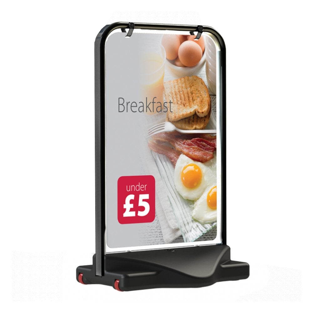 This A1 black swing pavement sign includes a heavy-duty water base for stability and a double-sided frame, making it ideal for showcasing promotions, menus, or signage.
