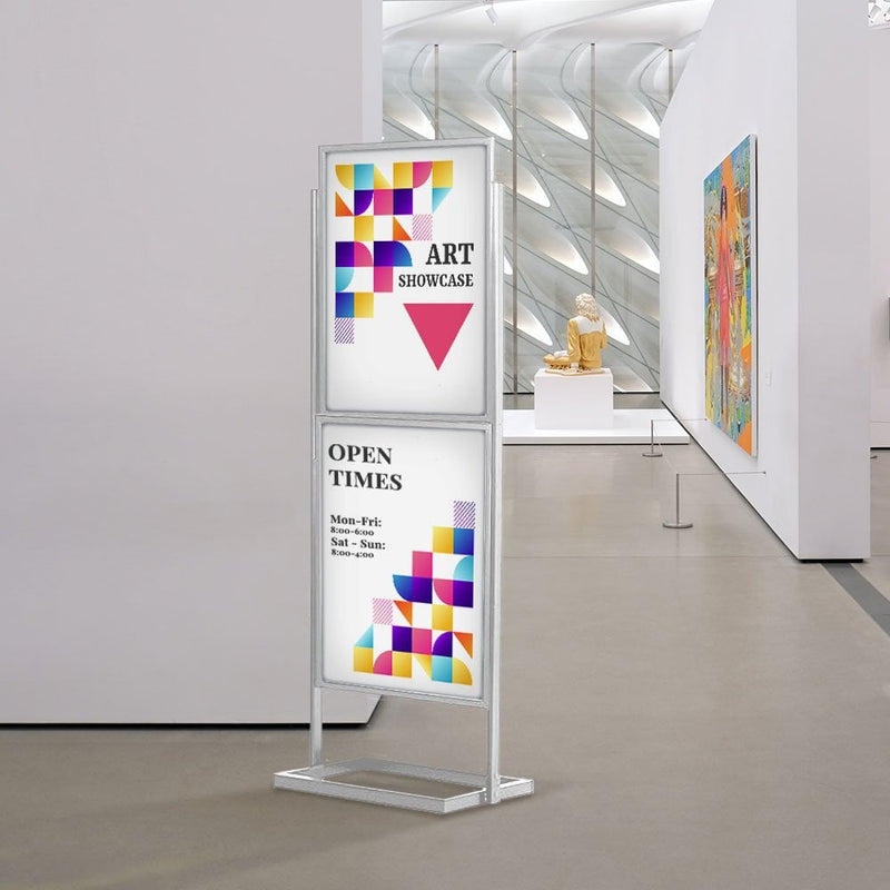 Silver 2-Tiered A1 Double Sided Steel Floor Standing Info-board Poster Display Stand - 656mm Wide x 1820mm High
