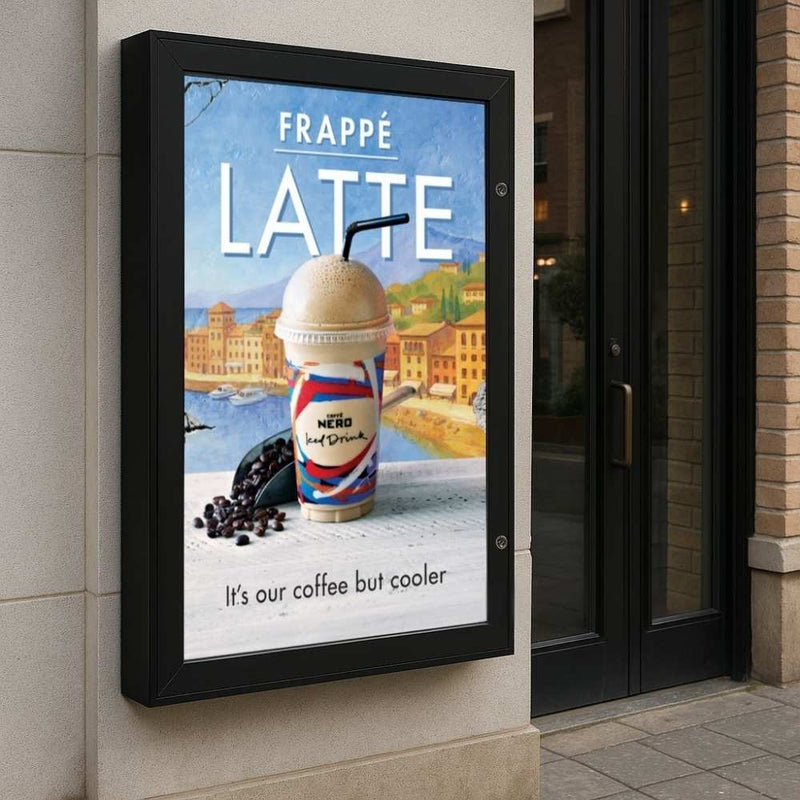 Satin black A1 lockable outdoor poster case wall-mounted beside a café entrance, sealing an A1 promotional graphic against rain and overnight tampering.
