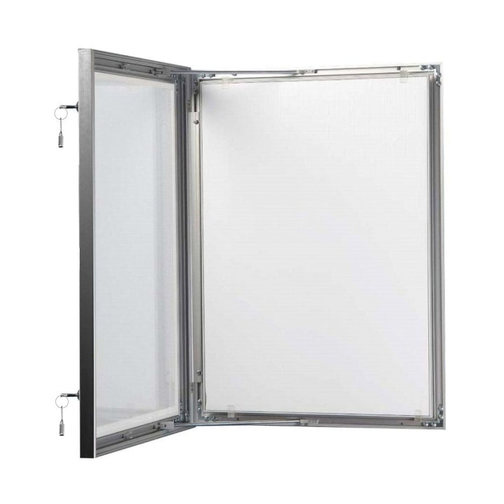 Interior view of a black A1 lockable outdoor poster case with door fully open, showing the aluminium back panel, key-ring locks and hinged frame construction.

