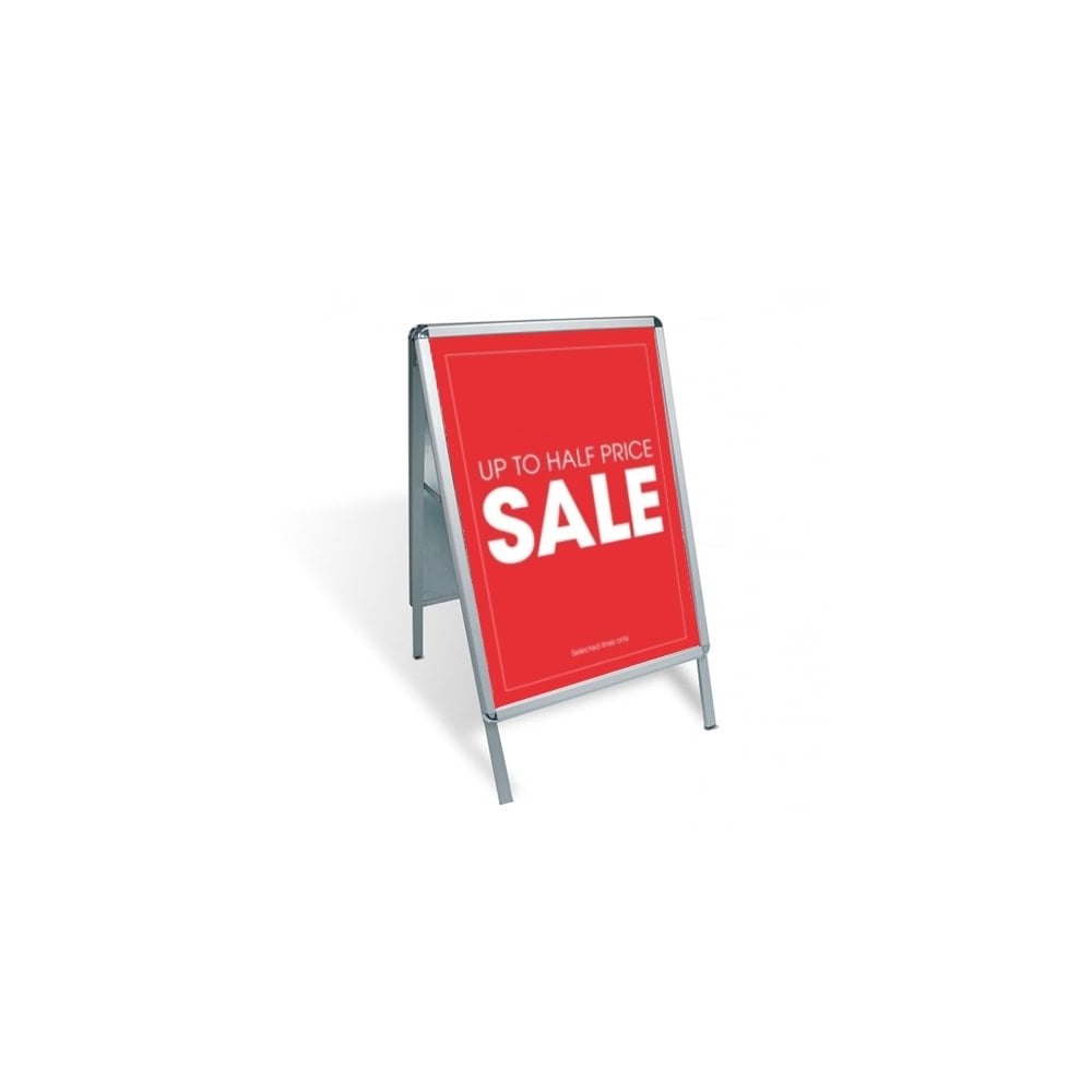 Durable A1 double-sided A-board sign in silver, perfect for displaying posters on pavements, forecourts, or shopfronts.
