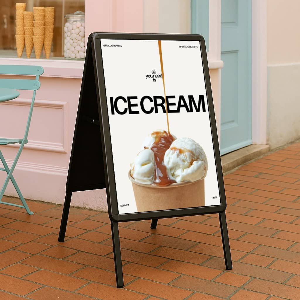 A2 black A-board pavement sign, double-sided for poster display, ideal for shops, cafés, and promotions.
