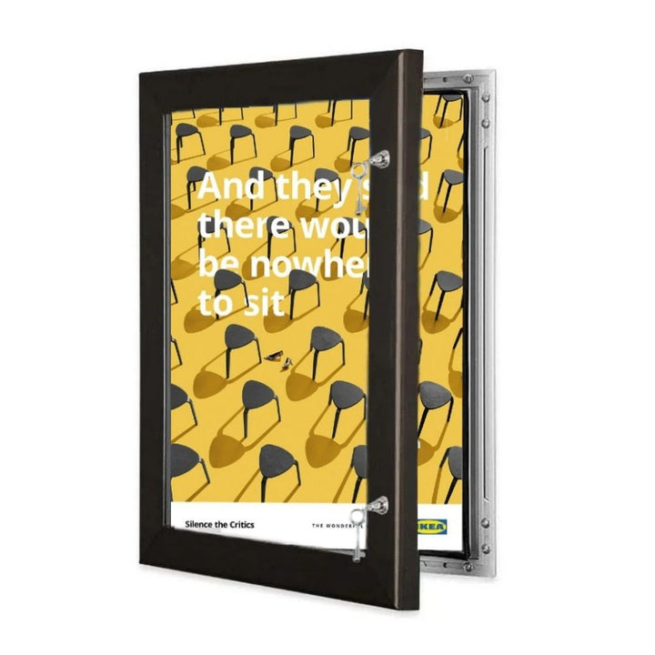 Sleek A2 black anodised aluminium poster case, lockable design with a 45mm frame profile and wall-mount fixings included.
