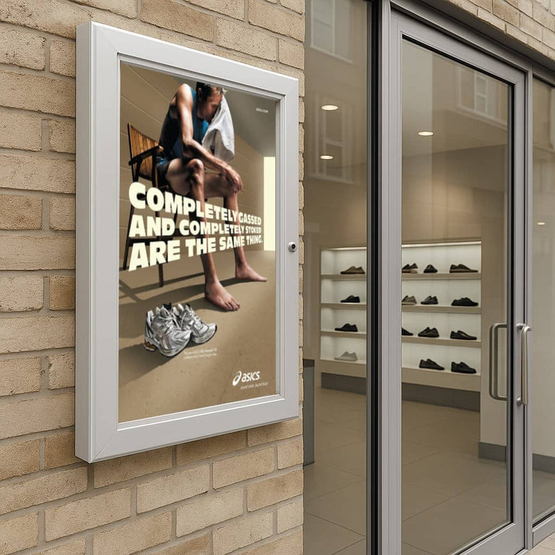 A2 lockable anodised aluminium silver poster case with a 45mm frame profile, includes wall fixings for secure mounting.
