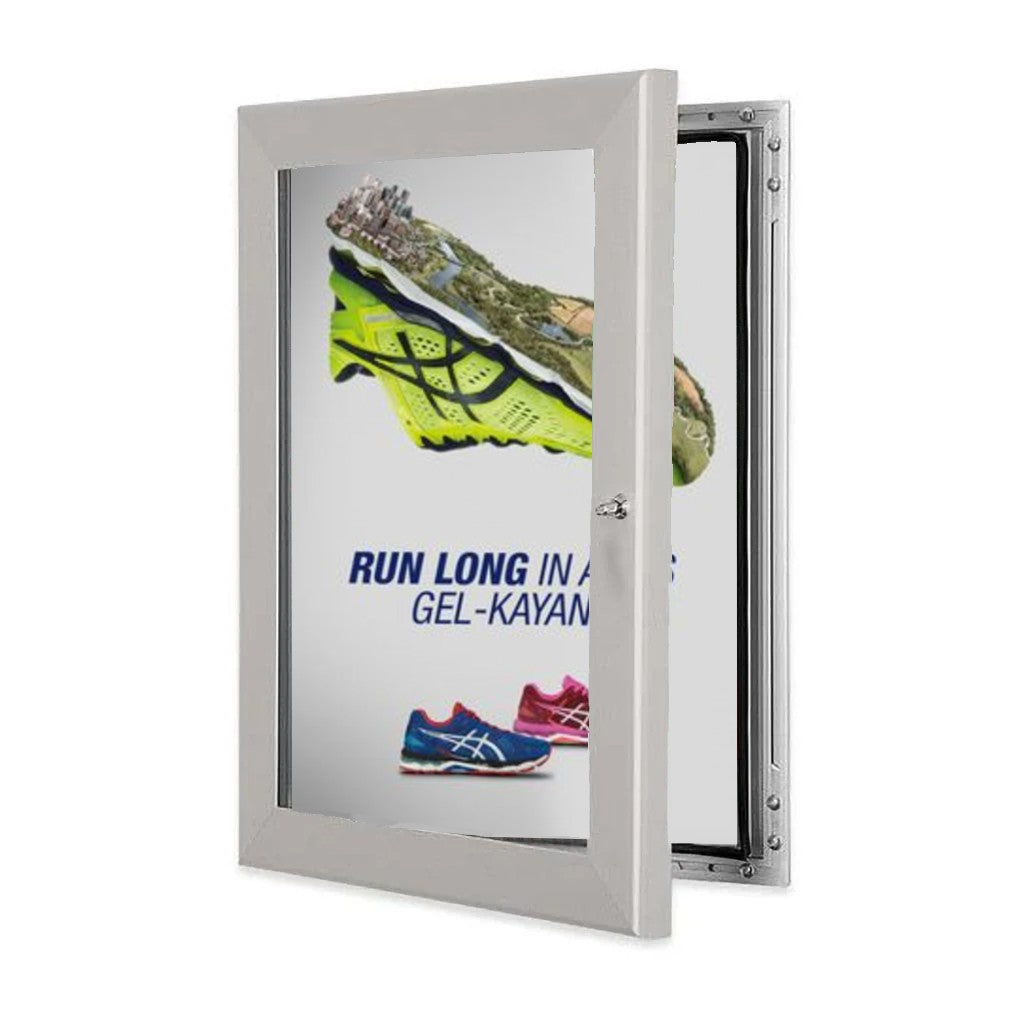 Durable A2 lockable silver poster case in anodised aluminium with a 45mm frame, supplied with wall fixings for easy installation.
