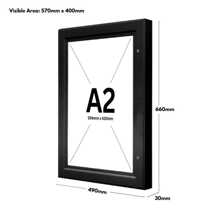 Dimension diagram: A2 lockable poster case 660mm tall, 490mm wide, 30mm deep, visible area 570 x 400mm, A2 paper size 594 x 420mm shown.
