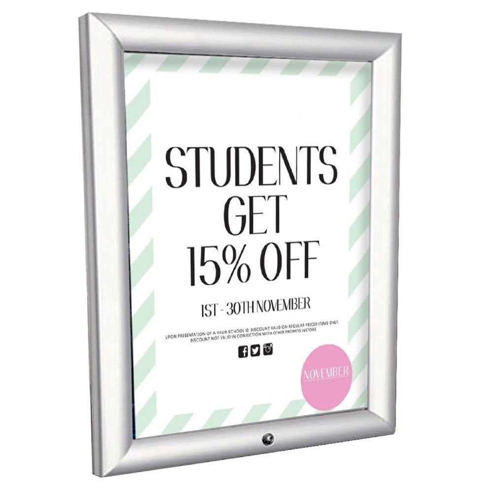Durable A2 silver aluminium snap frame with a lockable design, 32mm mitred frame, and included wall fixings.
