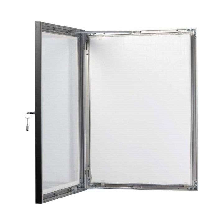 Sleek lockable A3 poster case with a 45mm frame profile, crafted from black anodised aluminium and supplied with wall fixings.
