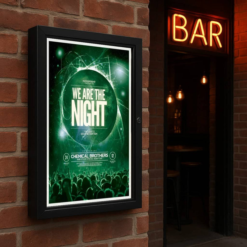 A3 lockable black anodised aluminium poster case with a 45mm frame profile, complete with wall fixings for secure display.
