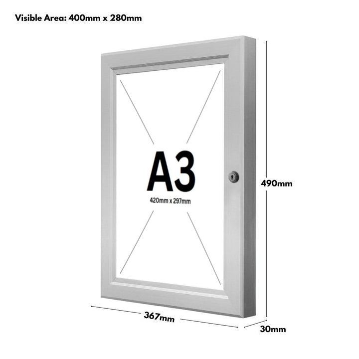 Premium A3 lockable poster display case with a sleek 45mm anodised aluminium frame, ideal for outdoor and indoor use.
